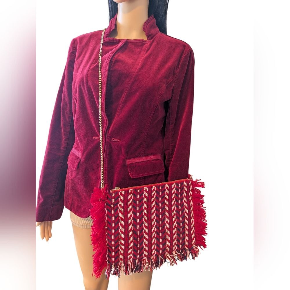Woven Fabric Clutch Purse Fringed Red White & Blue Gold Metal Strap